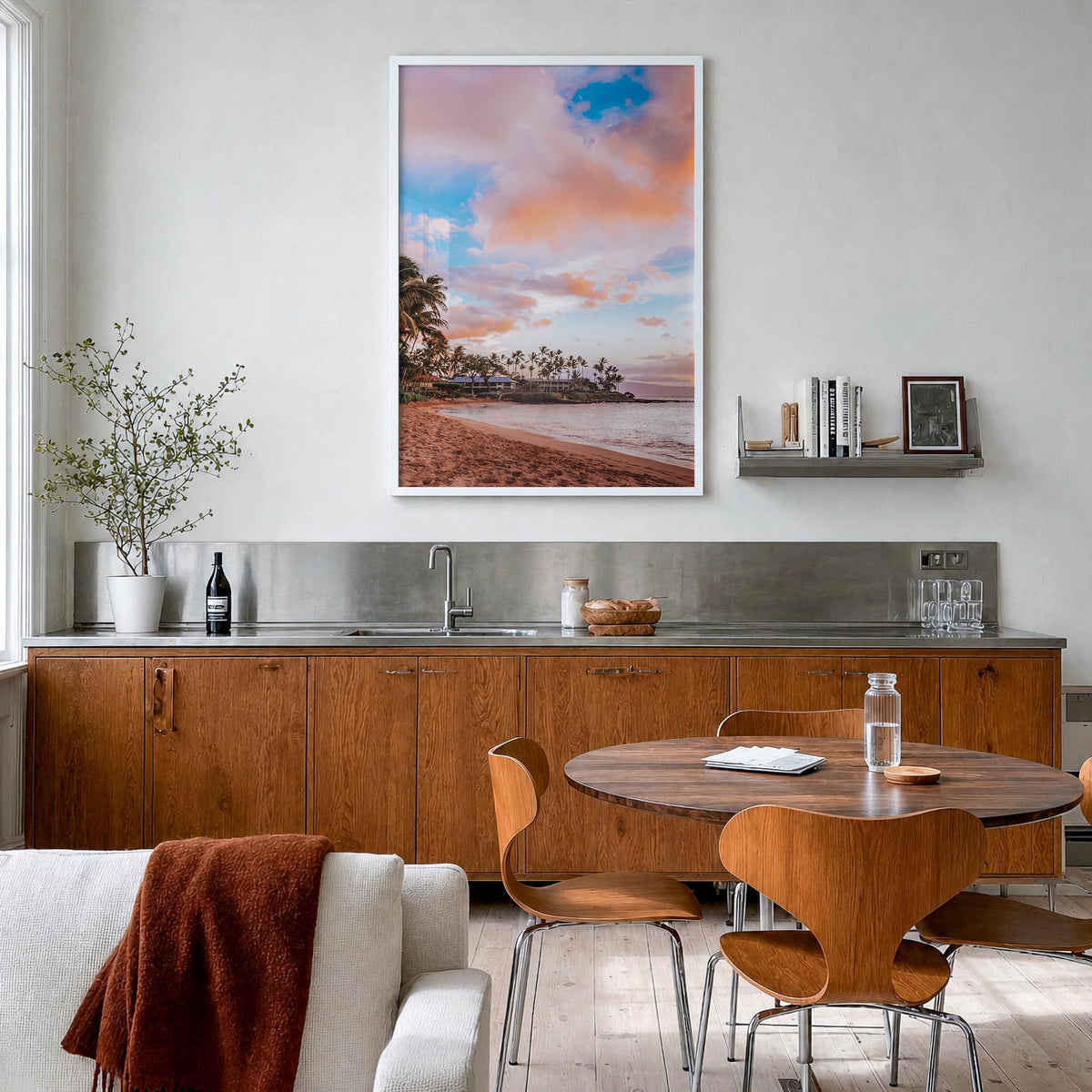 Maui no. 1 colorful photo poster of Hawaii, USA – vertical wall art in white wood frame, hanging on wall