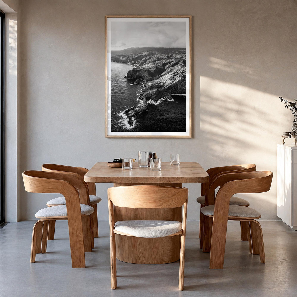 Maui no. 2 black & white photo poster of Hawaii, USA – vertical wall art in natural wood frame with white border, hanging on