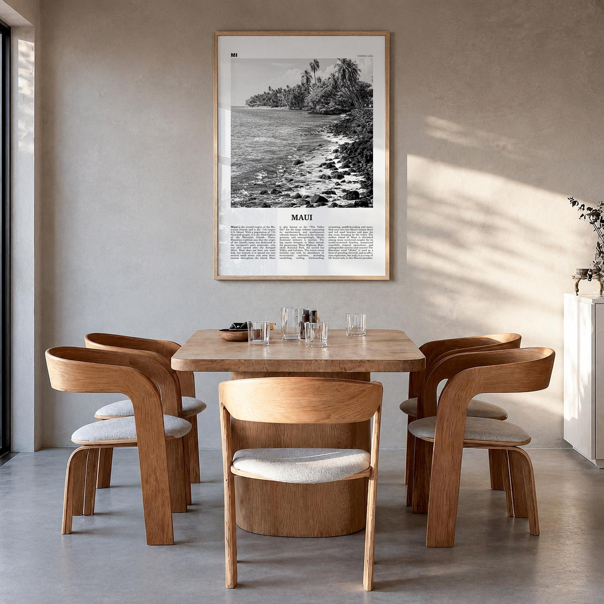 Maui no. 3 black & white newspaper poster of Hawaii, USA – vertical wall art in natural wood frame, hanging on wall
