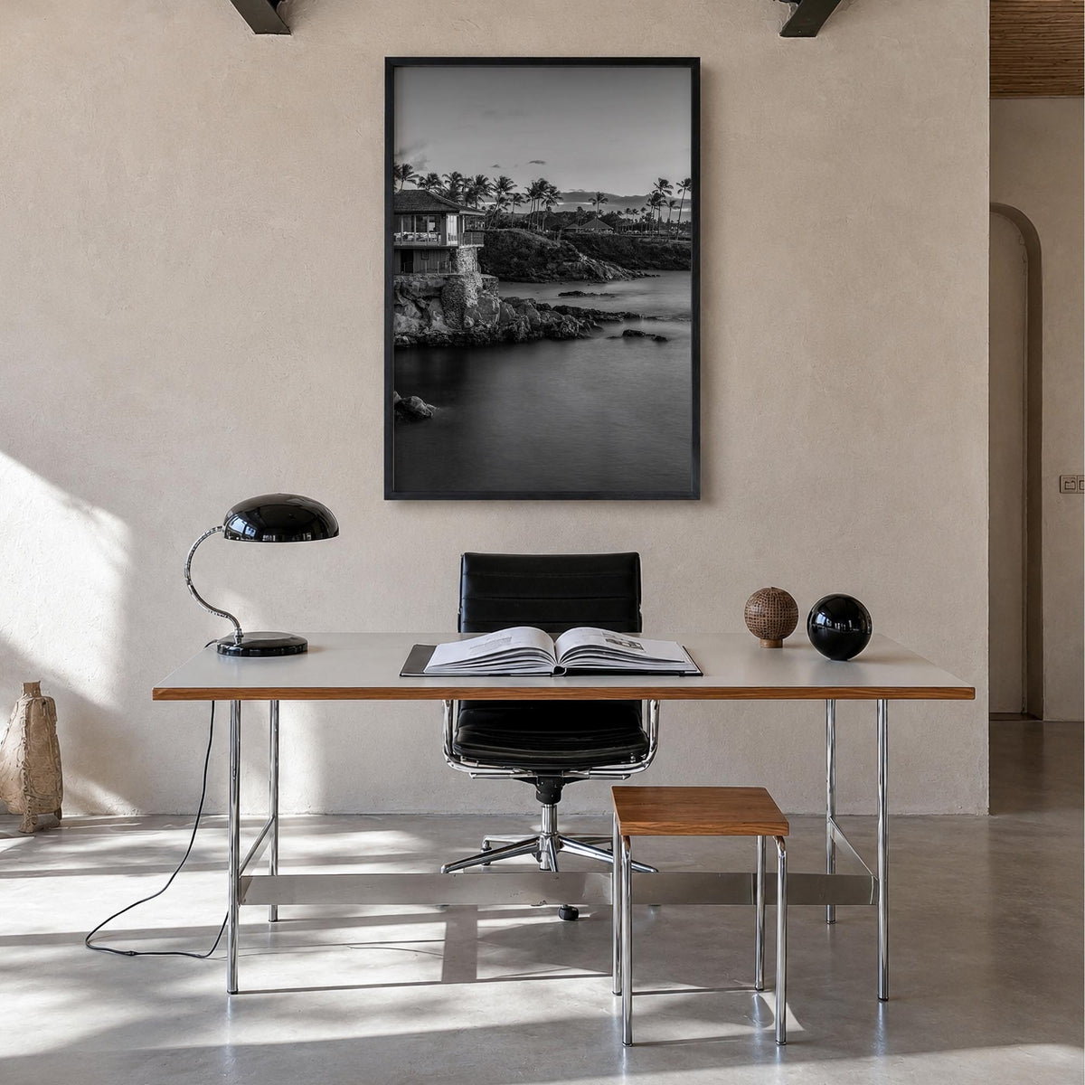 Maui no. 3 black & white photo poster of Hawaii, USA – vertical wall art in black wood frame, hanging on wall