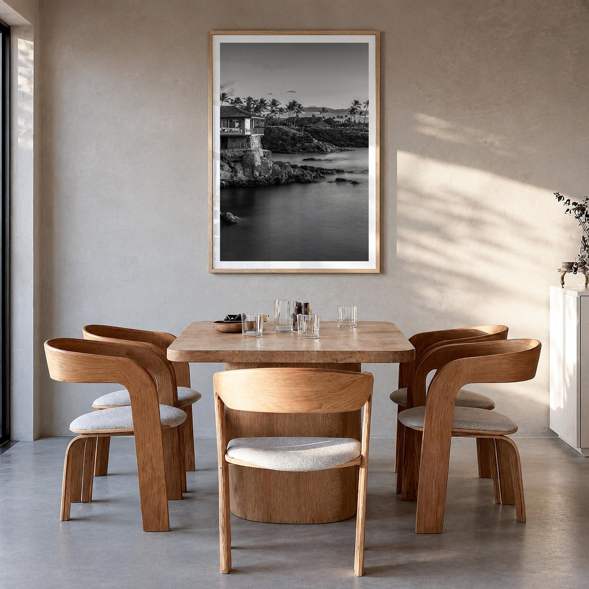 Maui no. 3 black & white photo poster of Hawaii, USA – vertical wall art in natural wood frame with white border, hanging on