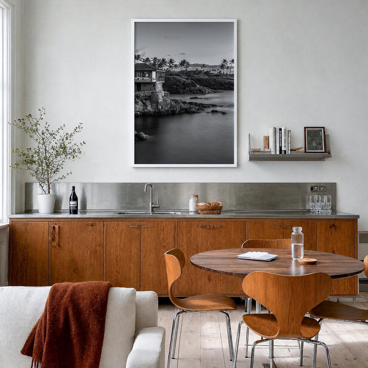 Maui no. 3 black & white photo poster of Hawaii, USA – vertical wall art in white wood frame, hanging on wall