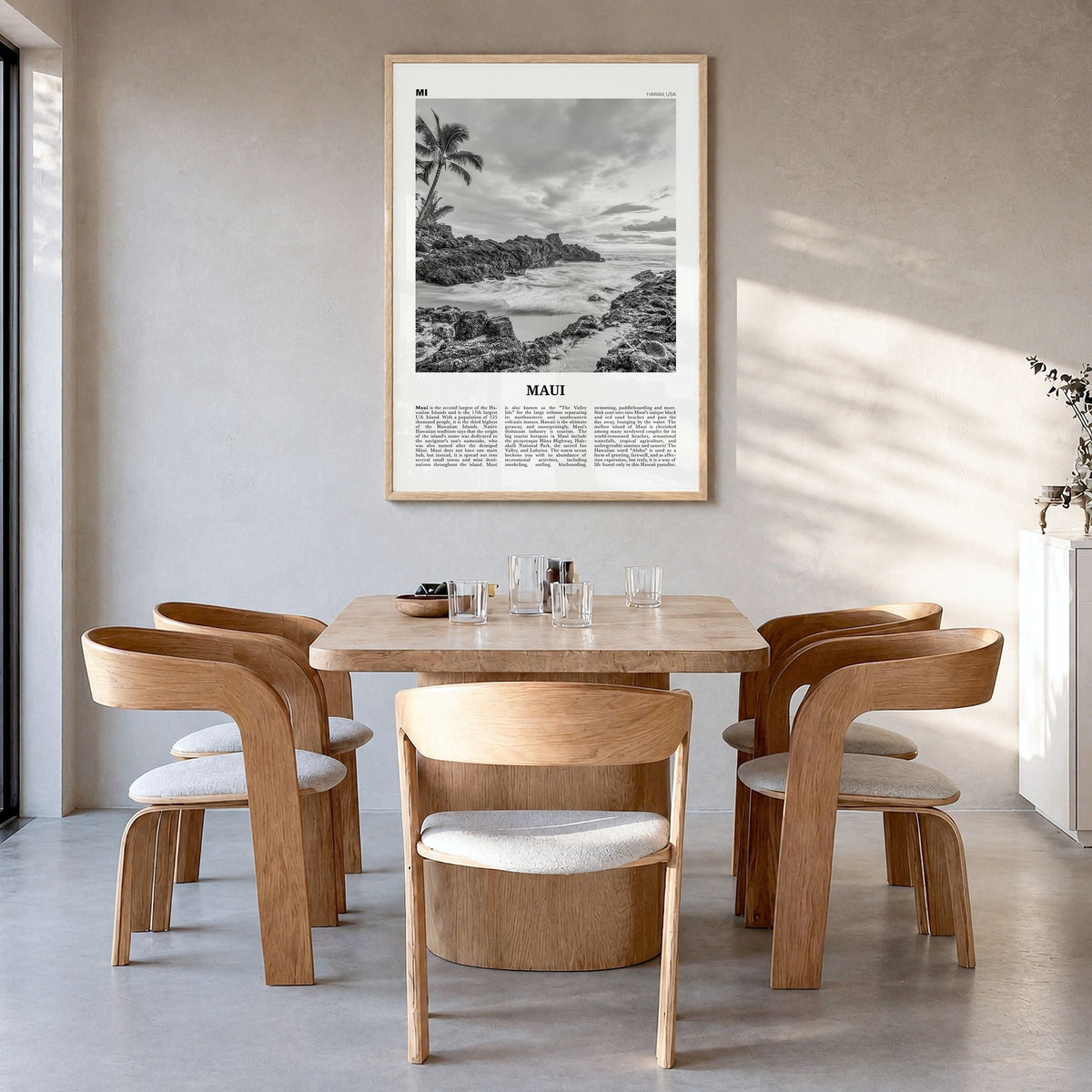 Maui Newspaper No 1 Poster in a natural wood frame, hanging in a dining room