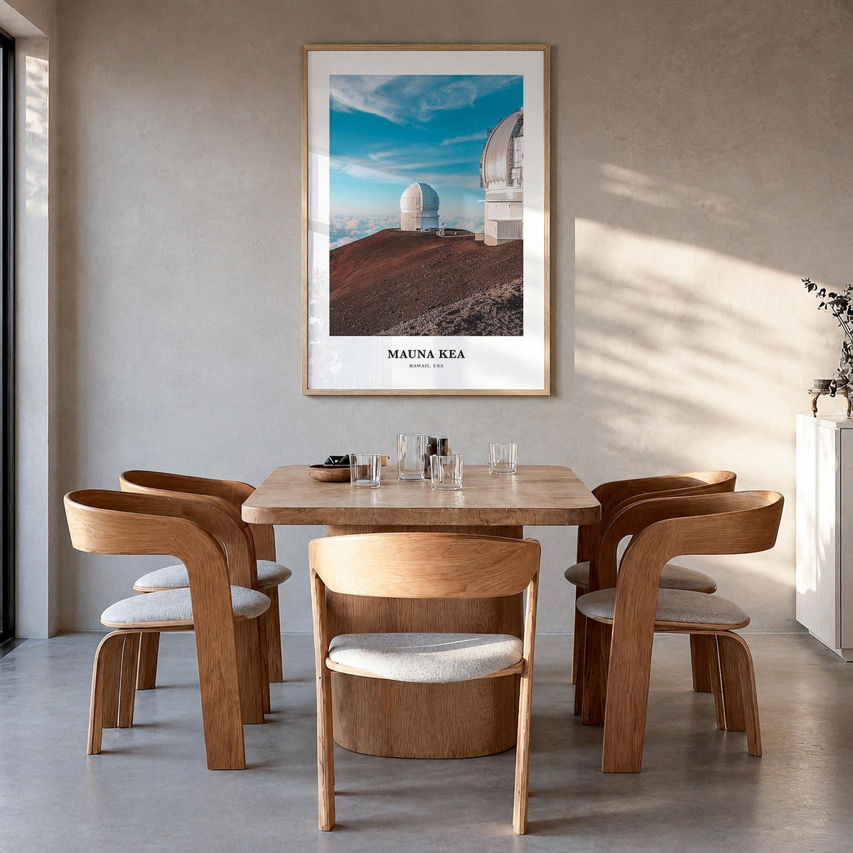 Mauna Kea colorful classic poster of Hawaii, USA – vertical wall art in natural wood frame, hanging on wall