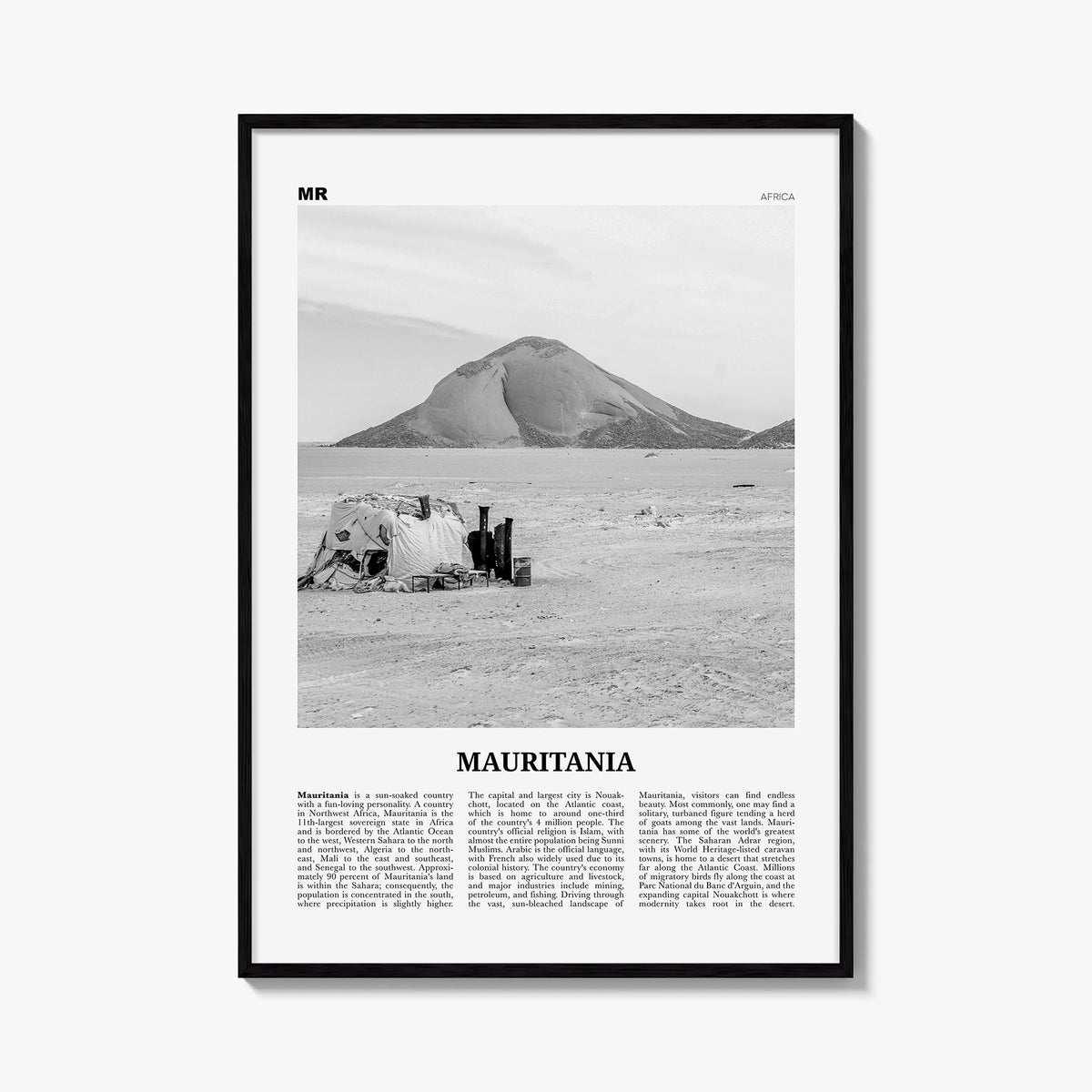 Mauritania black & white newspaper poster of Africa – vertical wall art, unframed print shown in interior mockup