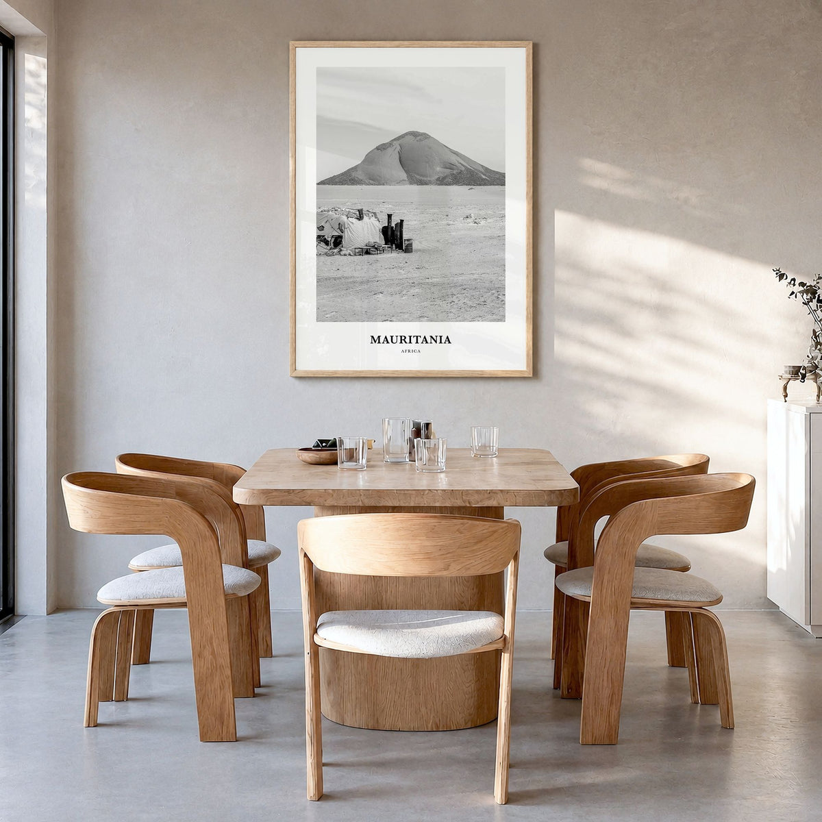 Mauritania Classic Poster in a natural wood frame, hanging in a dining room