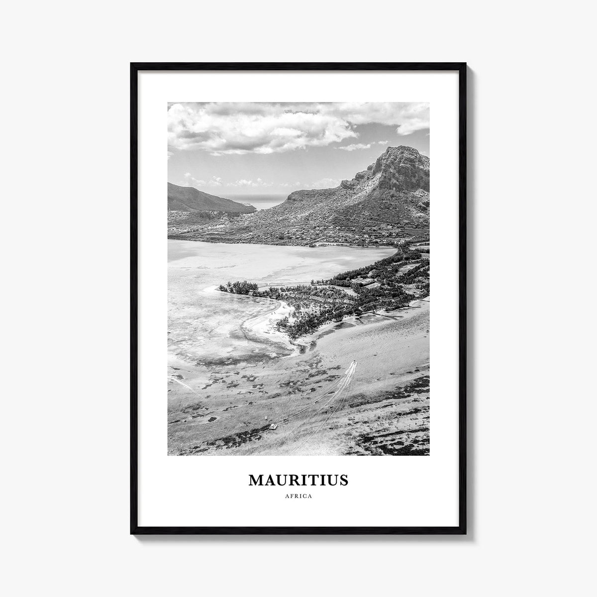 Mauritius black & white classic poster of Africa – vertical wall art, unframed print shown in interior mockup