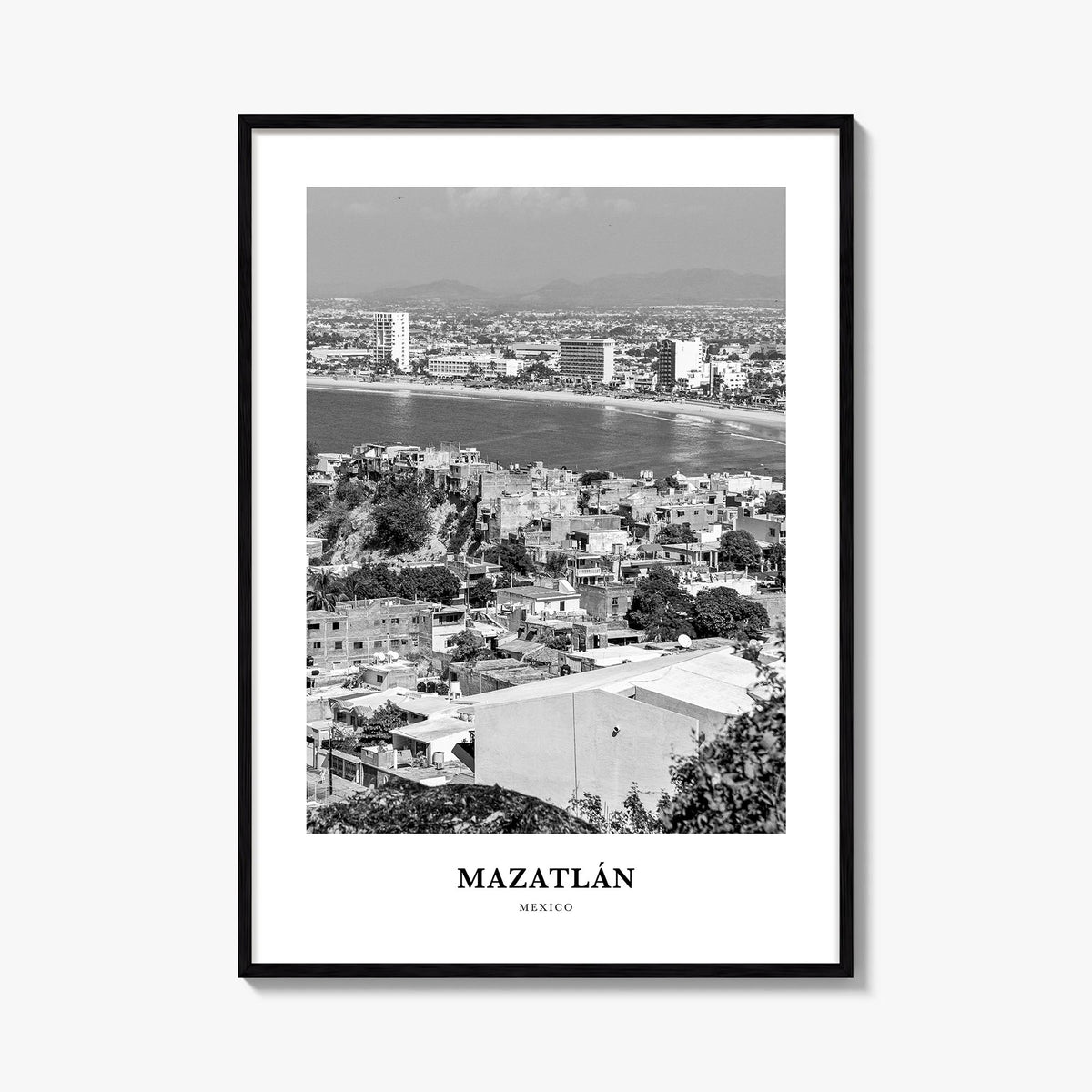 Mazatlán black & white classic poster of Mexico – vertical wall art, unframed print shown in interior mockup