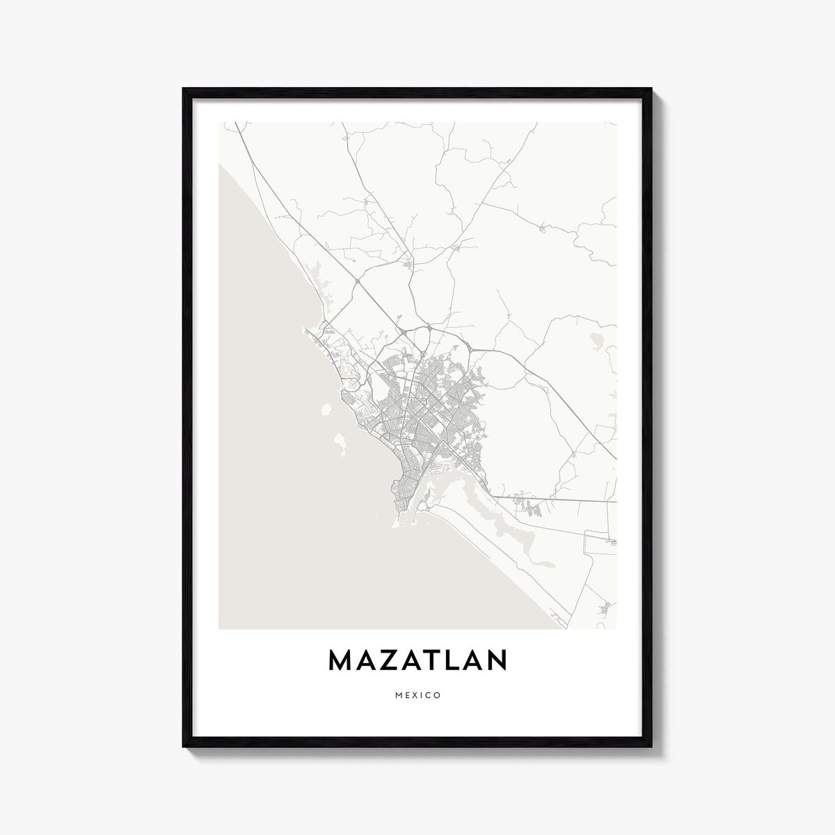 Mazatlán black & white map poster of Mexico – vertical wall art, unframed print shown in interior mockup