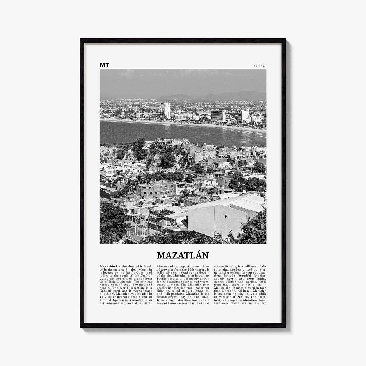 Mazatlán black & white newspaper poster of Mexico – vertical wall art, unframed print shown in interior mockup