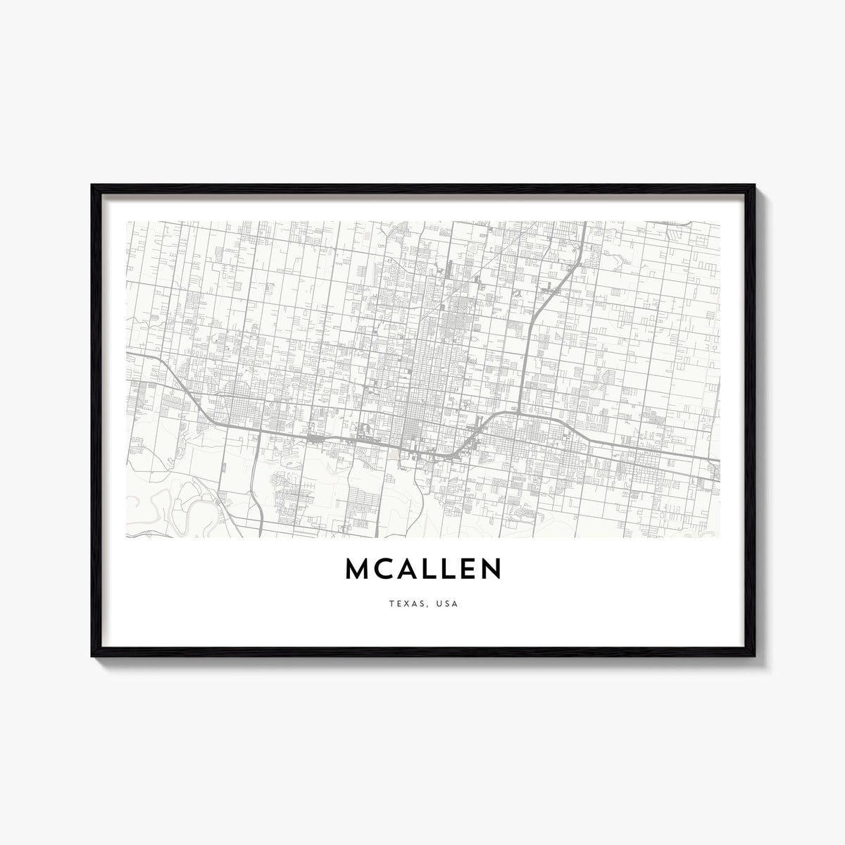 McAllen black & white map poster of Texas, USA – horizontal wall art, unframed print shown in interior mockup