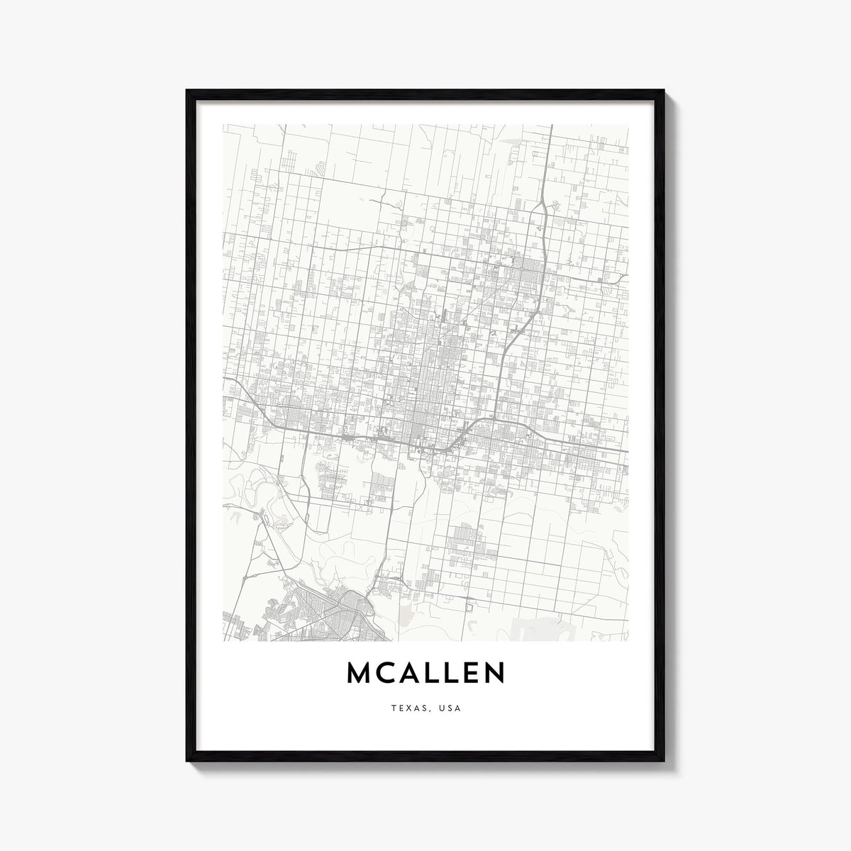 McAllen black & white map poster of Texas, USA – vertical wall art, unframed print shown in interior mockup