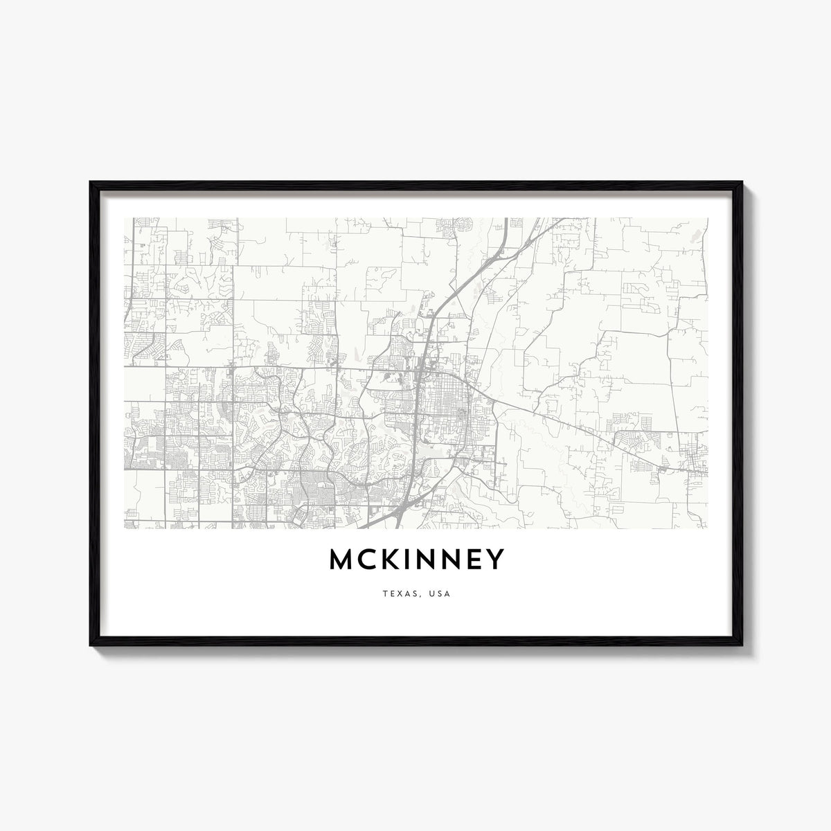 McKinney black & white map poster of Texas, USA – horizontal wall art, unframed print shown in interior mockup