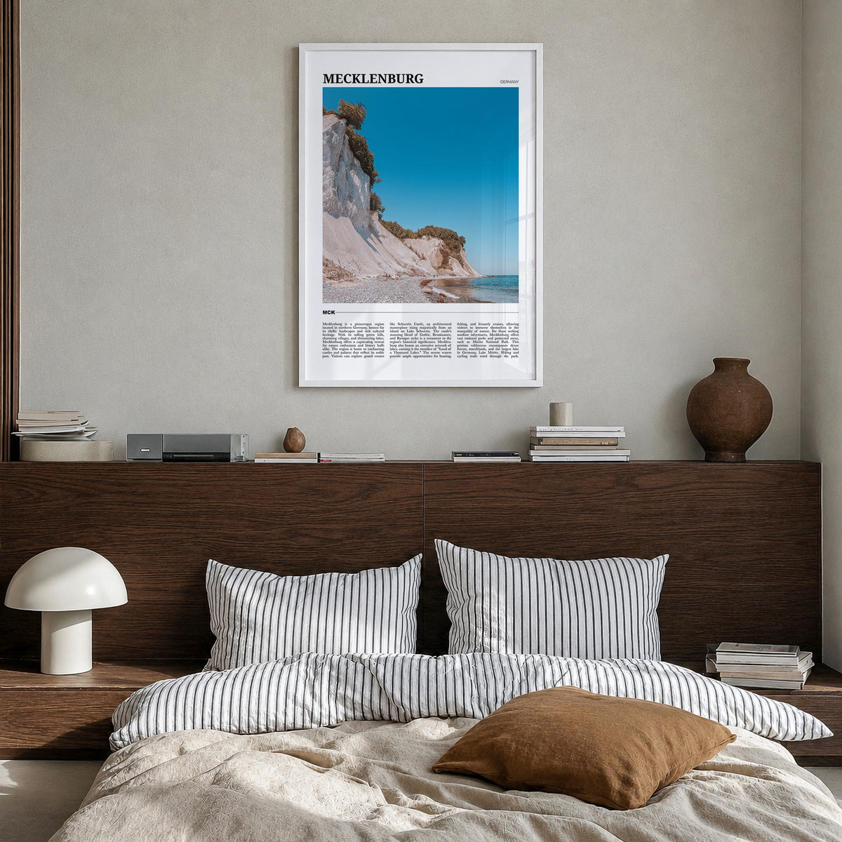 Mecklenburg-Vorpommern colorful travel poster of Germany – vertical wall art in white wood frame, hanging on wall