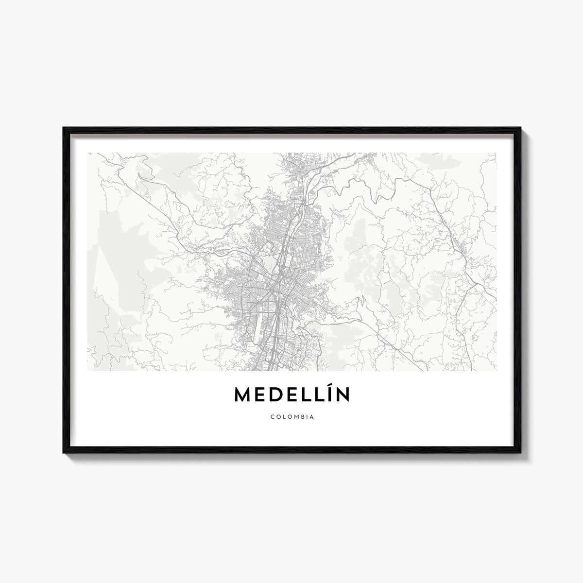 Medellín black & white map poster of Colombia – horizontal wall art, unframed print shown in interior mockup