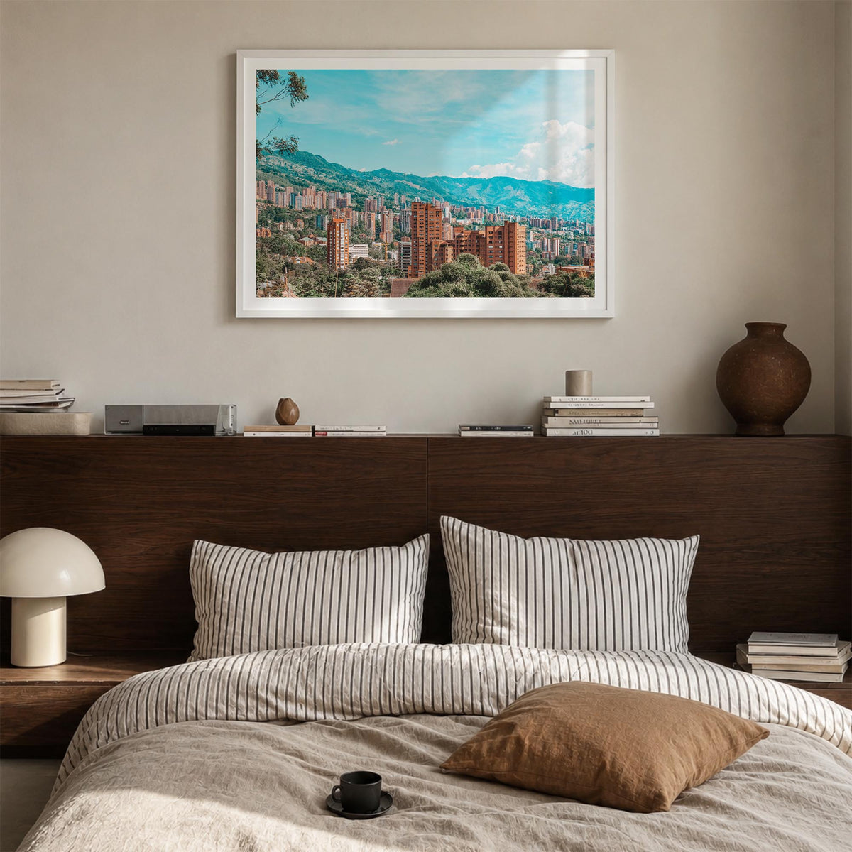 Medellín colorful photo poster of Colombia – horizontal wall art in white wood frame with white border, hanging on wall