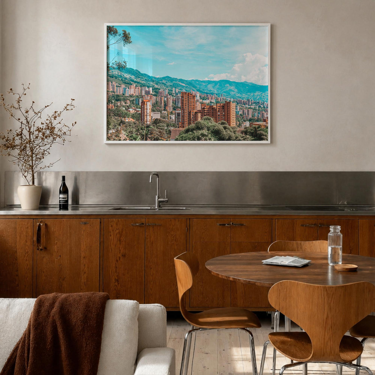 Medellín colorful photo poster of Colombia – horizontal wall art in white wood frame, hanging on wall