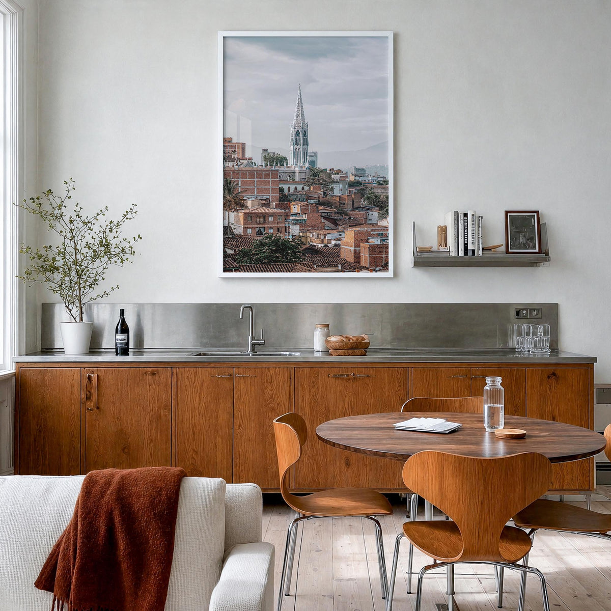 Medellín colorful photo poster of Colombia – vertical wall art in white wood frame, hanging on wall