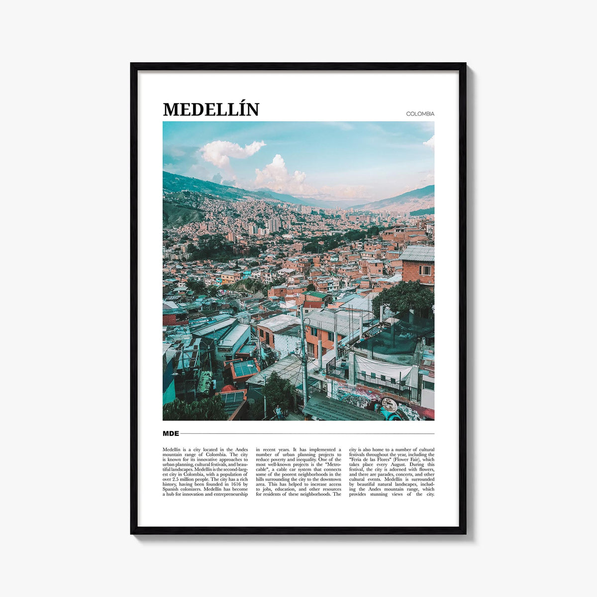 Medellín colorful travel poster of Colombia – vertical wall art, unframed print shown in interior mockup