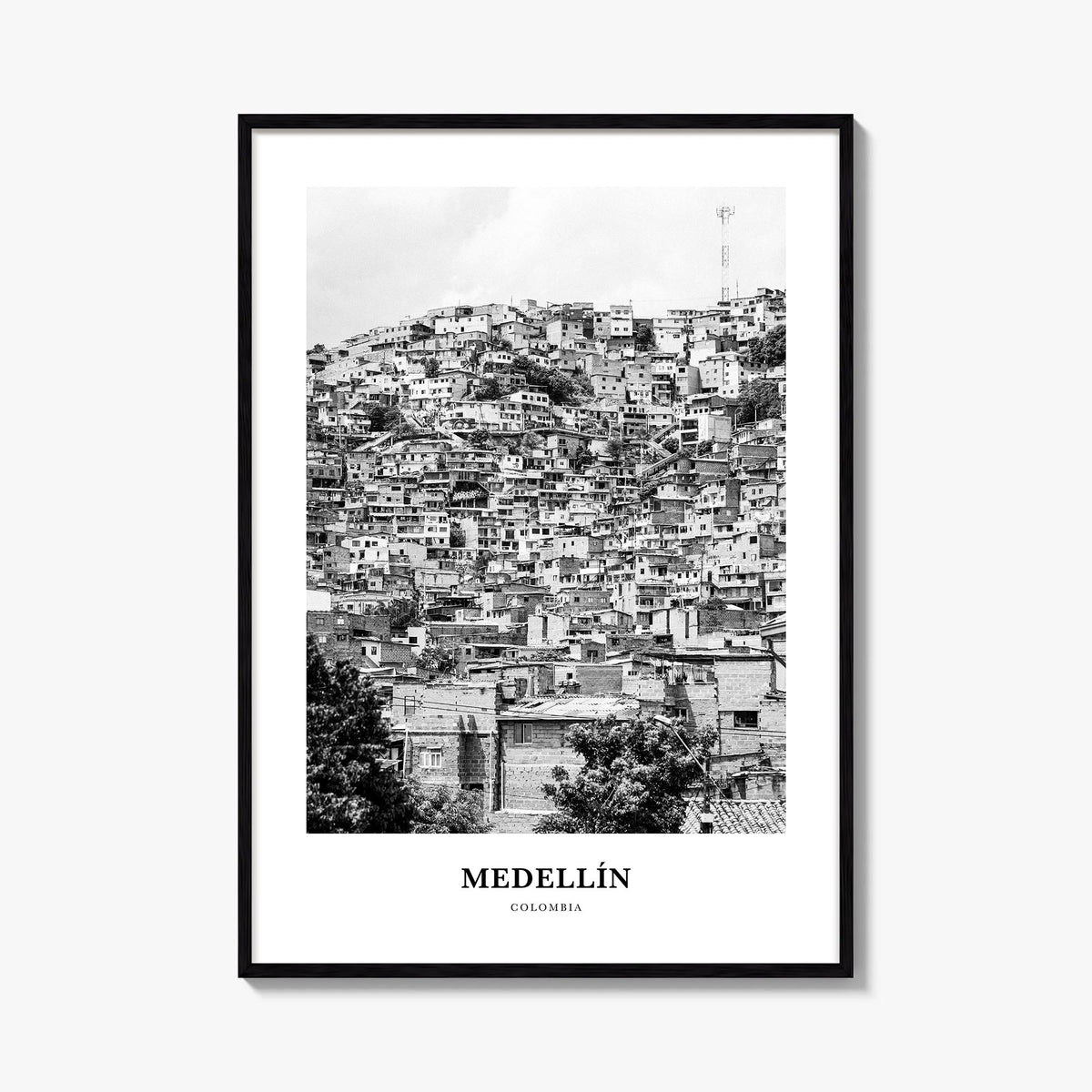 Medellín no. 1 black & white classic poster of Colombia – vertical wall art, unframed print shown in interior mockup