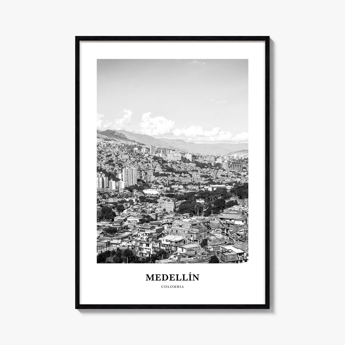 Medellín no. 2 black & white classic poster of Colombia – vertical wall art, unframed print shown in interior mockup