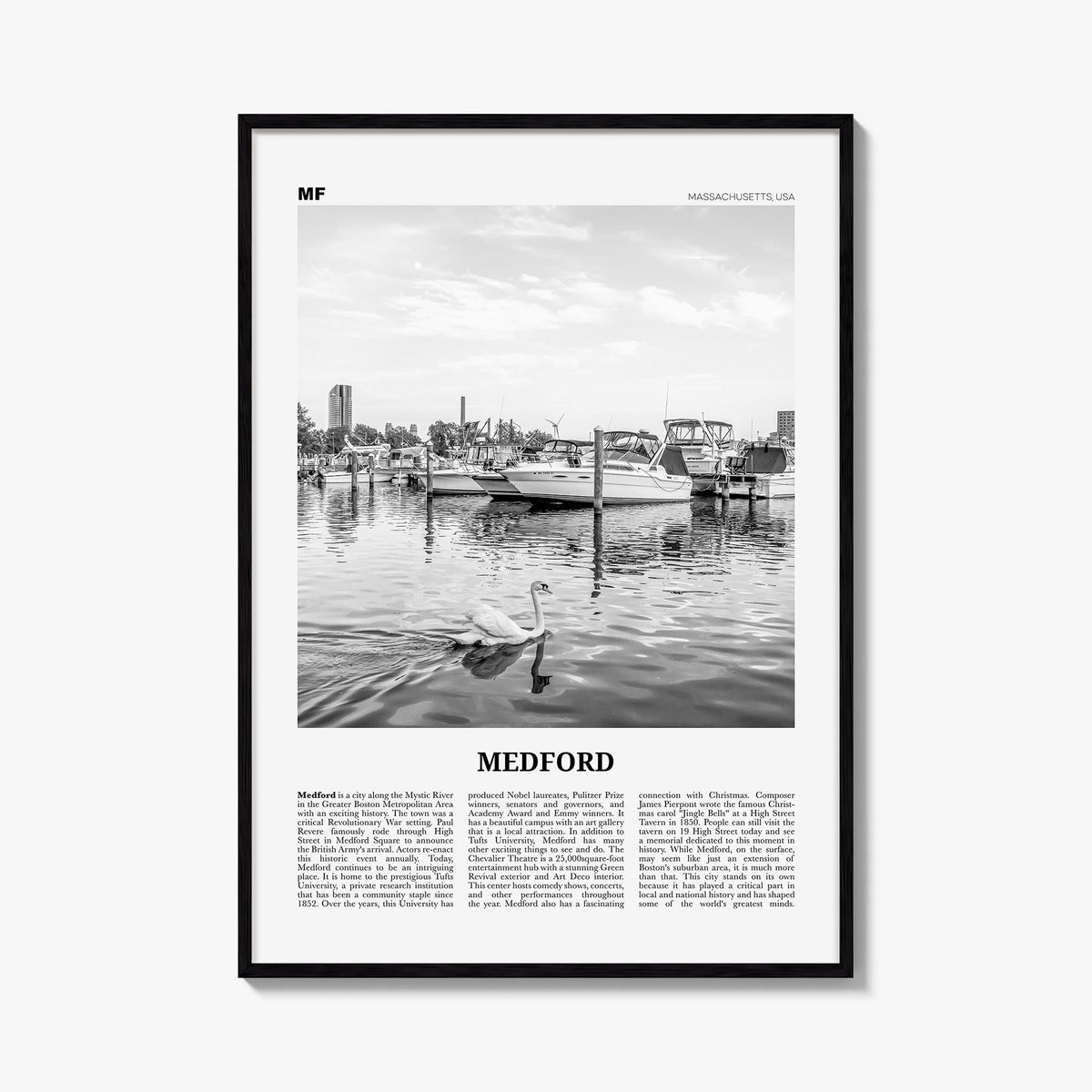 Medford, Massachusetts black & white newspaper poster of Massachusetts, USA – vertical wall art, unframed print shown in inte