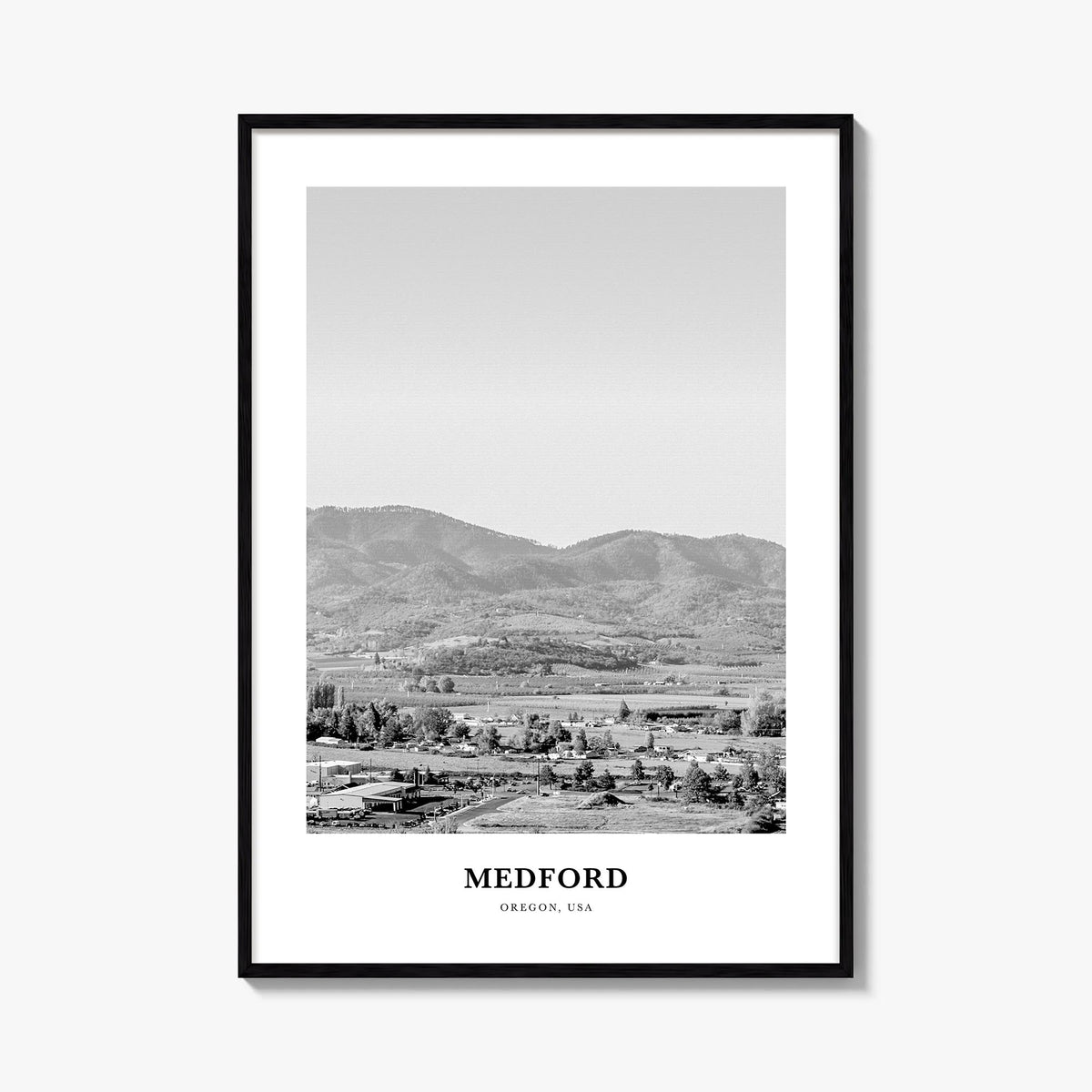 Medford, Oregon black & white classic poster of Oregon, USA – vertical wall art, unframed print shown in interior mockup