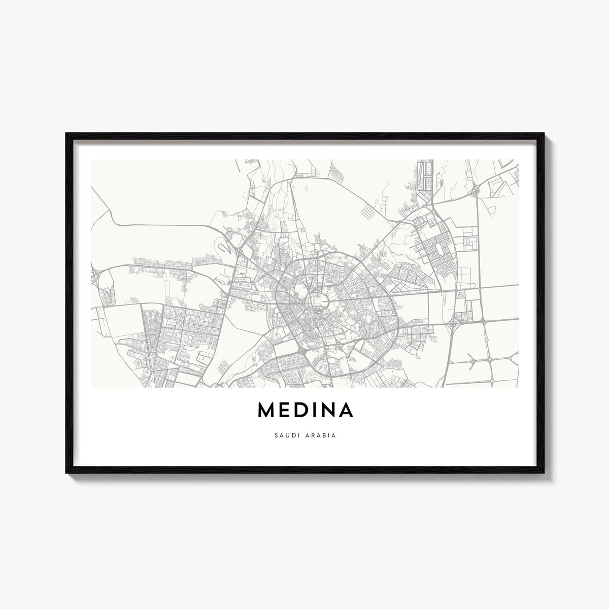 Medina black & white map poster of Saudi Arabia – horizontal wall art, unframed print shown in interior mockup