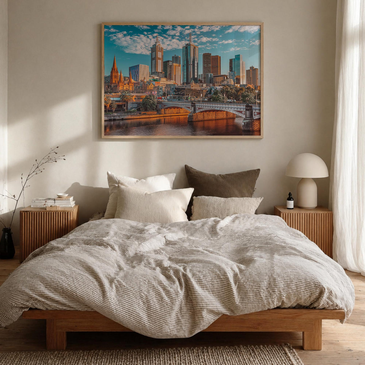 Melbourne, Australia colorful photo poster of Australia – horizontal wall art in natural wood frame, hanging on wall
