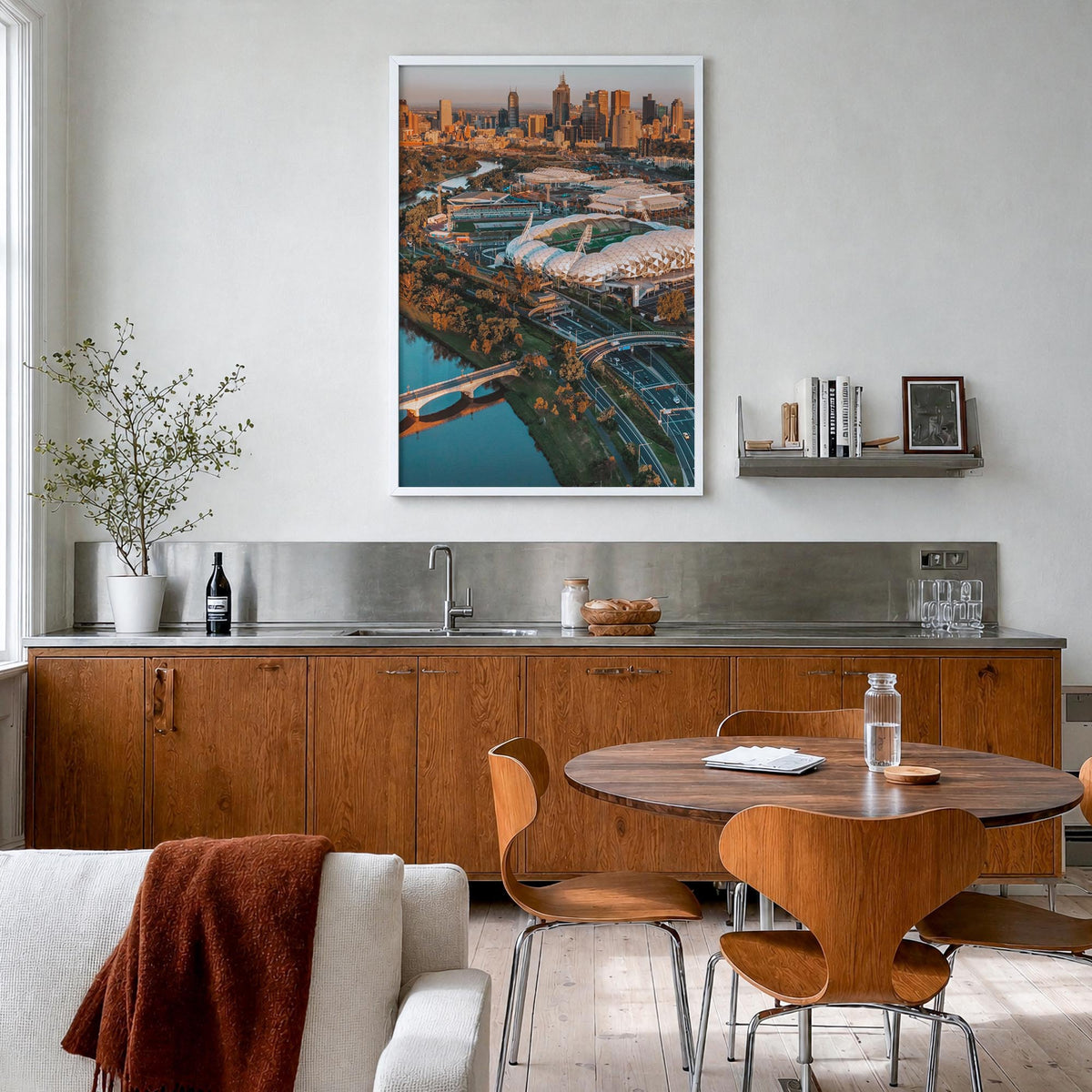 Melbourne, Australia no. 2 colorful photo poster of Australia – vertical wall art in white wood frame, hanging on wall