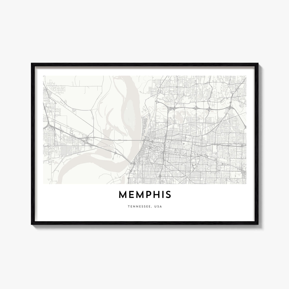 Memphis black & white map poster of Tennessee, USA – horizontal wall art, unframed print shown in interior mockup