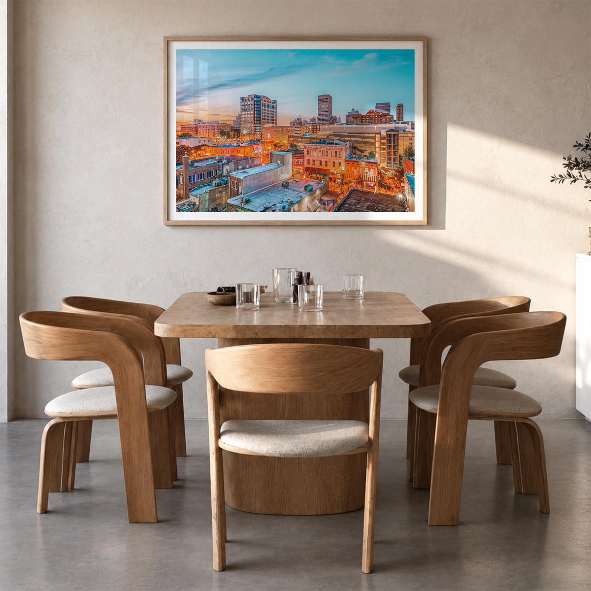 Memphis colorful photo poster of Tennessee, USA – horizontal wall art in natural wood frame with white border, hanging on wal