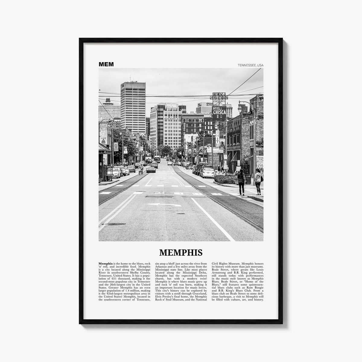 Memphis no. 1 black & white newspaper poster of Tennessee, USA – vertical wall art, unframed print shown in interior mockup