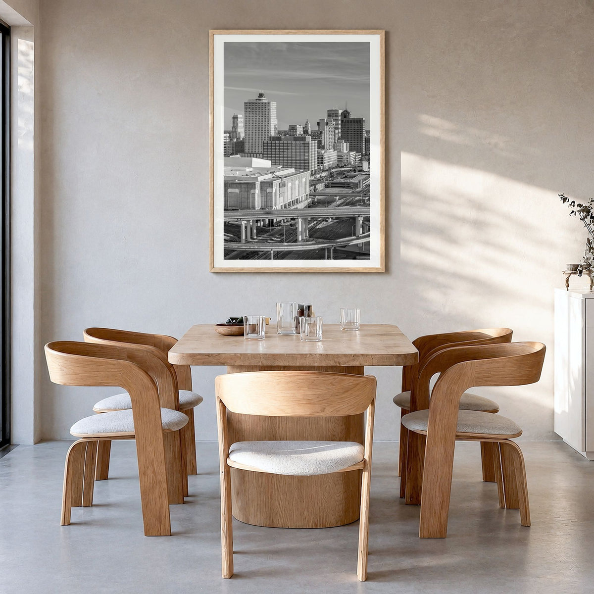 Memphis Photo No 1 Poster in a natural wood frame, hanging in a dining room, white border
