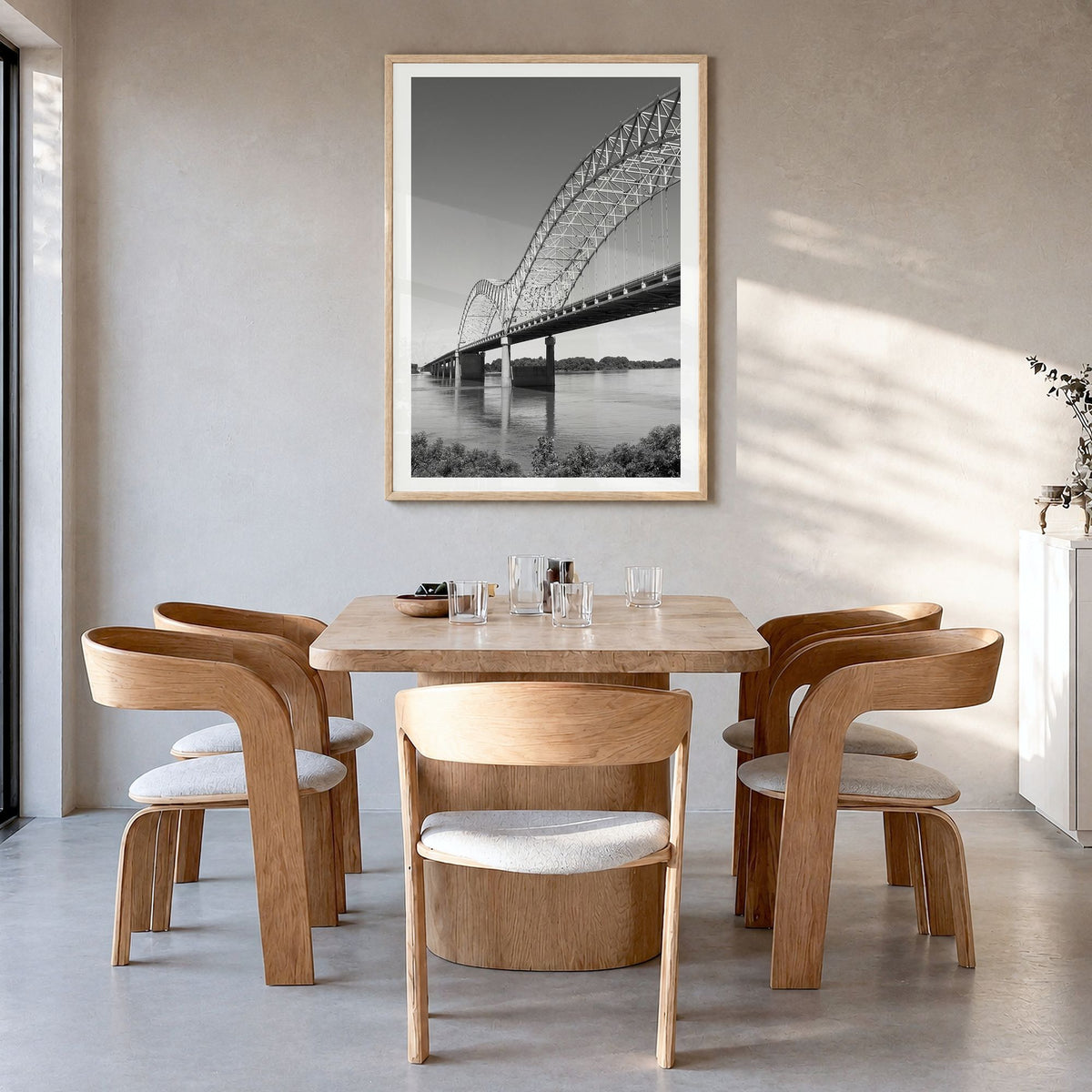 Memphis Photo No 2 Poster in a natural wood frame, hanging in a dining room, white border