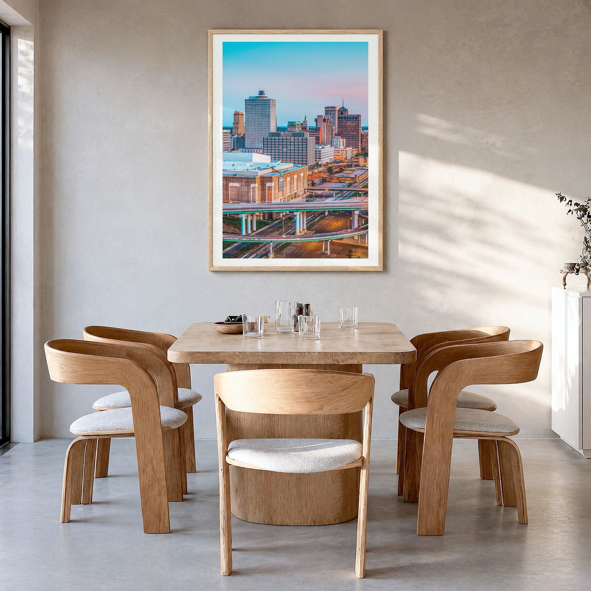 Memphis Photo No 1 Poster in a natural wood frame, hanging in a dining room, white border