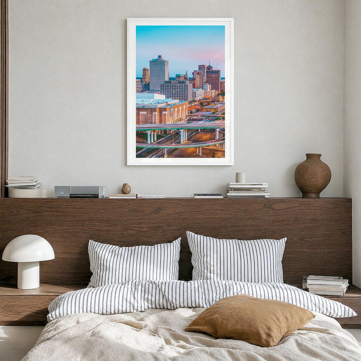 Memphis Photo No 1 Poster in a white wood frame, hanging in a bedroom, white border