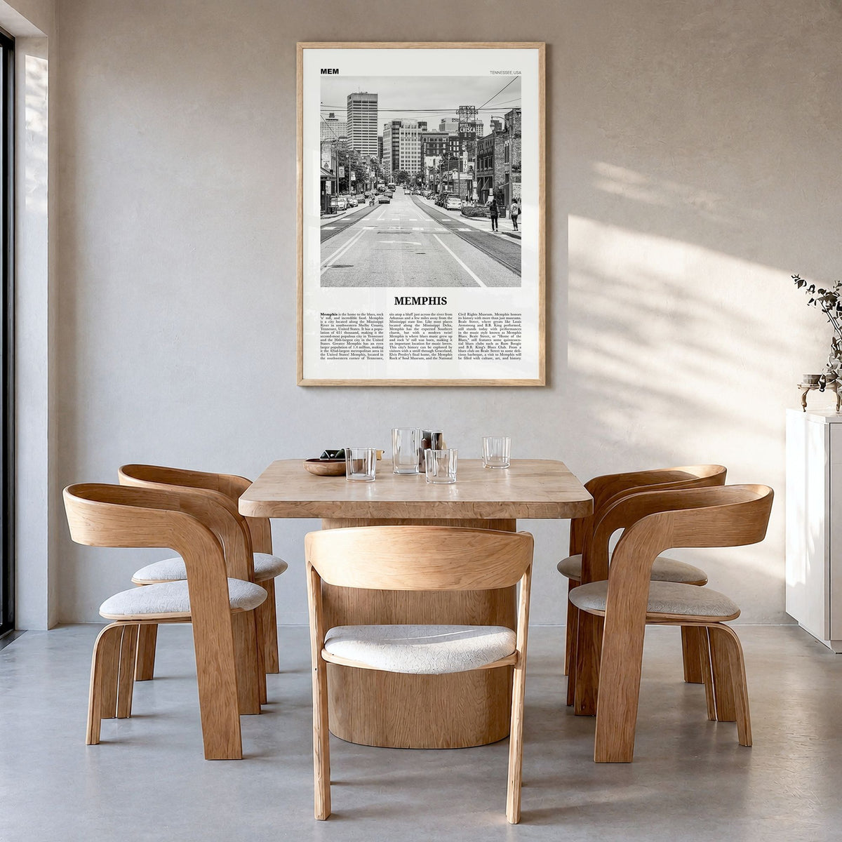 Memphis Newspaper No 1 Poster in a natural wood frame, hanging in a dining room