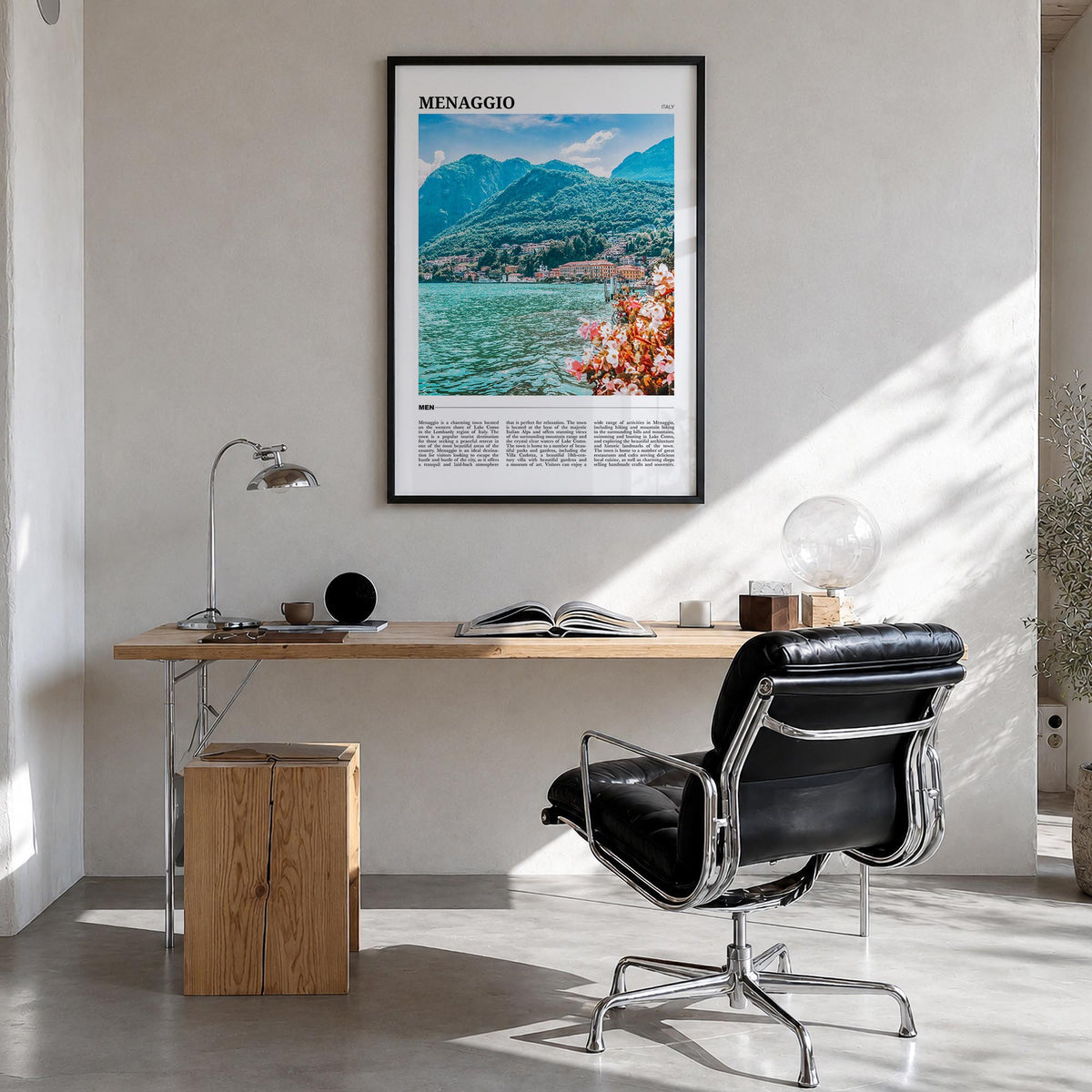 Menaggio colorful travel poster of Italy – vertical wall art in black wood frame, hanging on wall