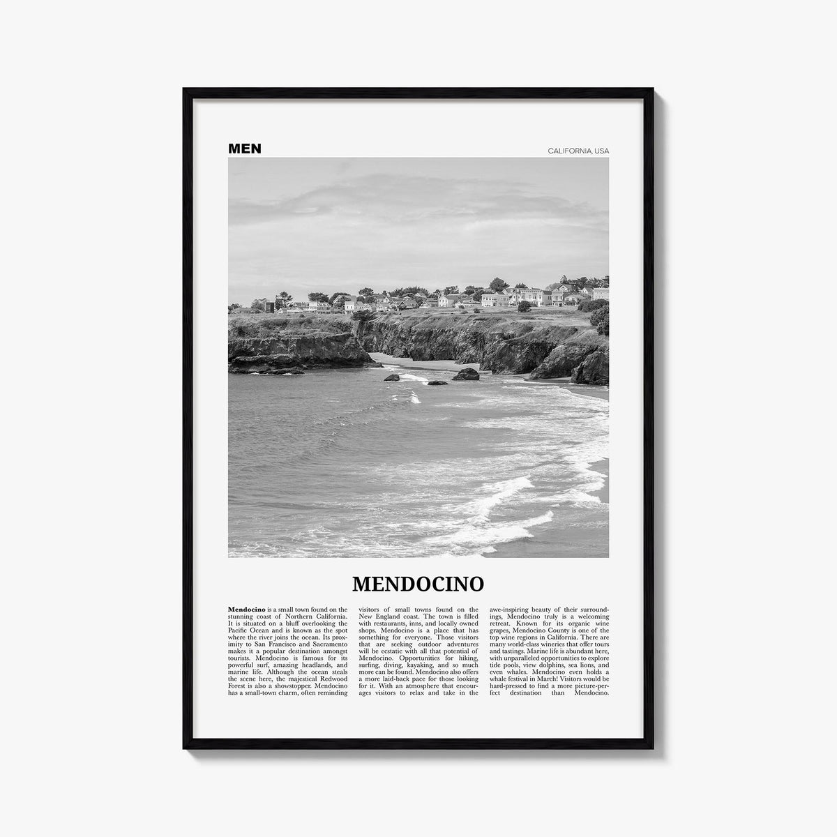 Mendocino black & white newspaper poster of California, USA – vertical wall art, unframed print shown in interior mockup