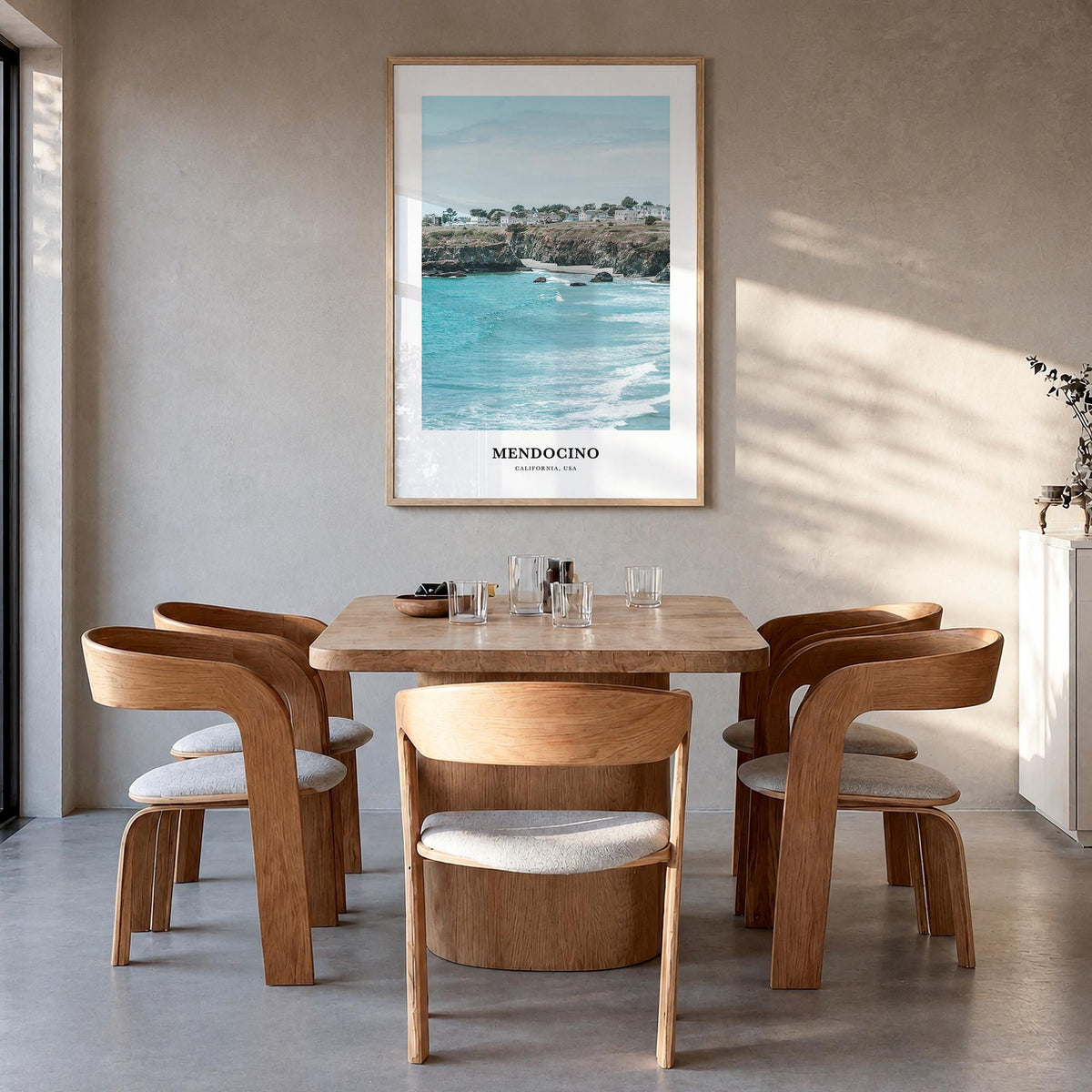 Mendocino colorful classic poster of California, USA – vertical wall art in natural wood frame, hanging on wall