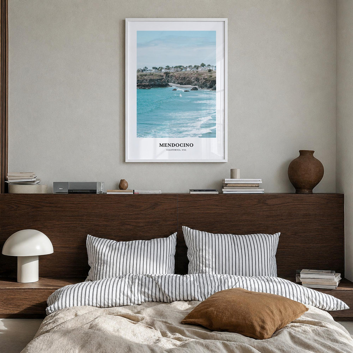 Mendocino colorful classic poster of California, USA – vertical wall art in white wood frame, hanging on wall