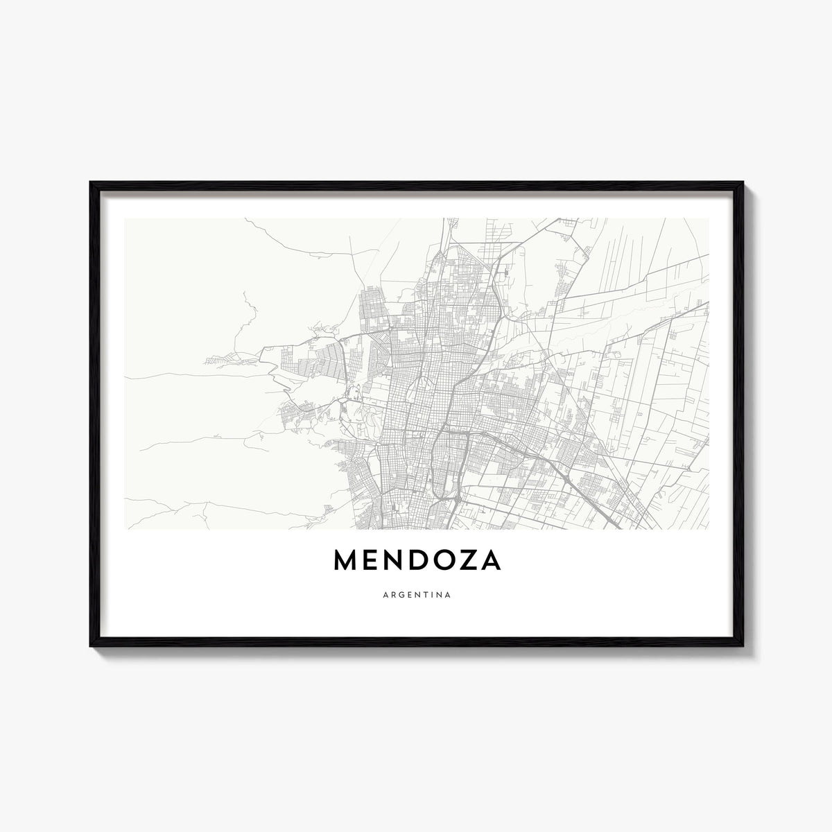 Mendoza black & white map poster of Argentina – horizontal wall art, unframed print shown in interior mockup