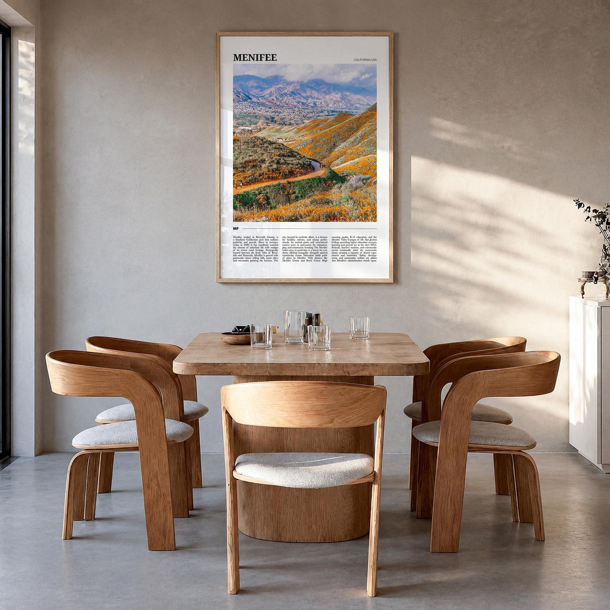 Menifee colorful travel poster of California, USA – vertical wall art in natural wood frame, hanging on wall