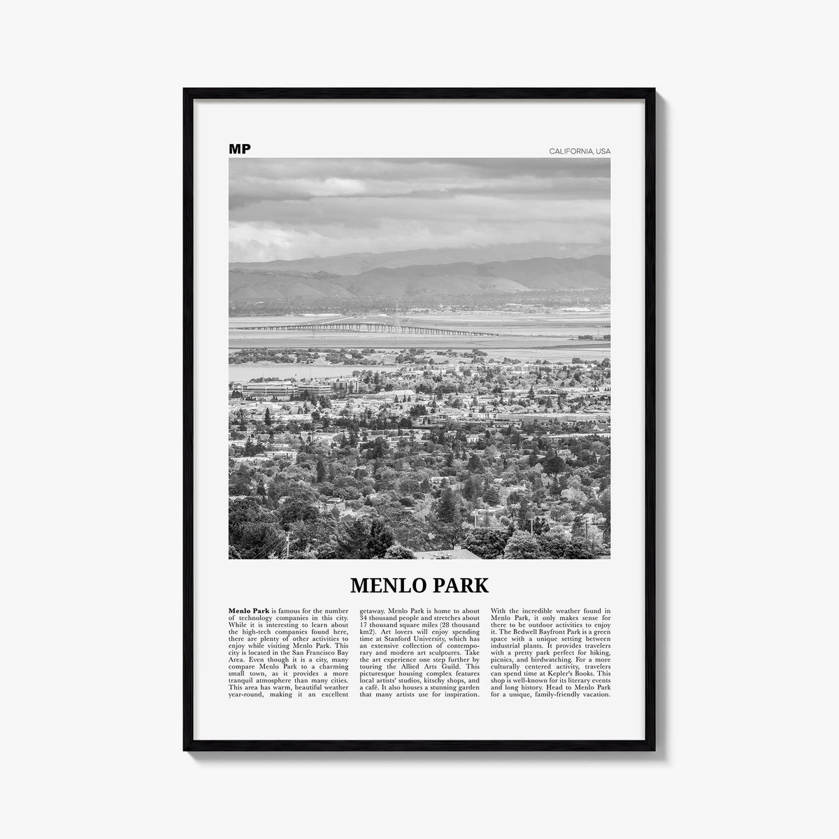 Menlo Park black & white newspaper poster of California, USA – vertical wall art, unframed print shown in interior mockup