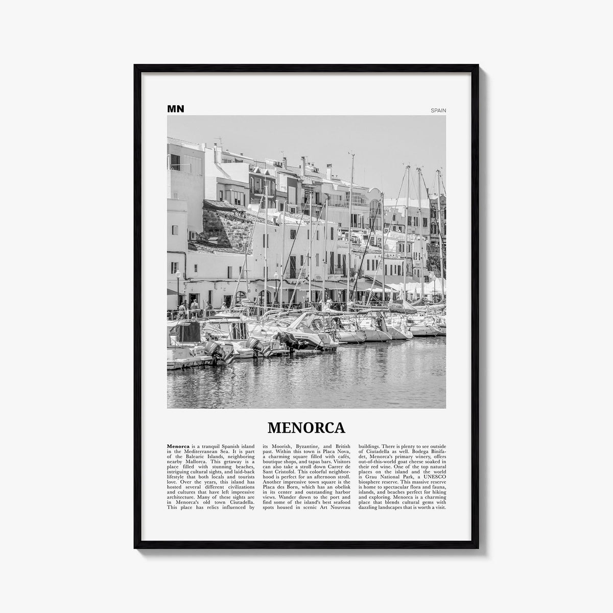 Menorca black & white newspaper poster of Spain – vertical wall art, unframed print shown in interior mockup