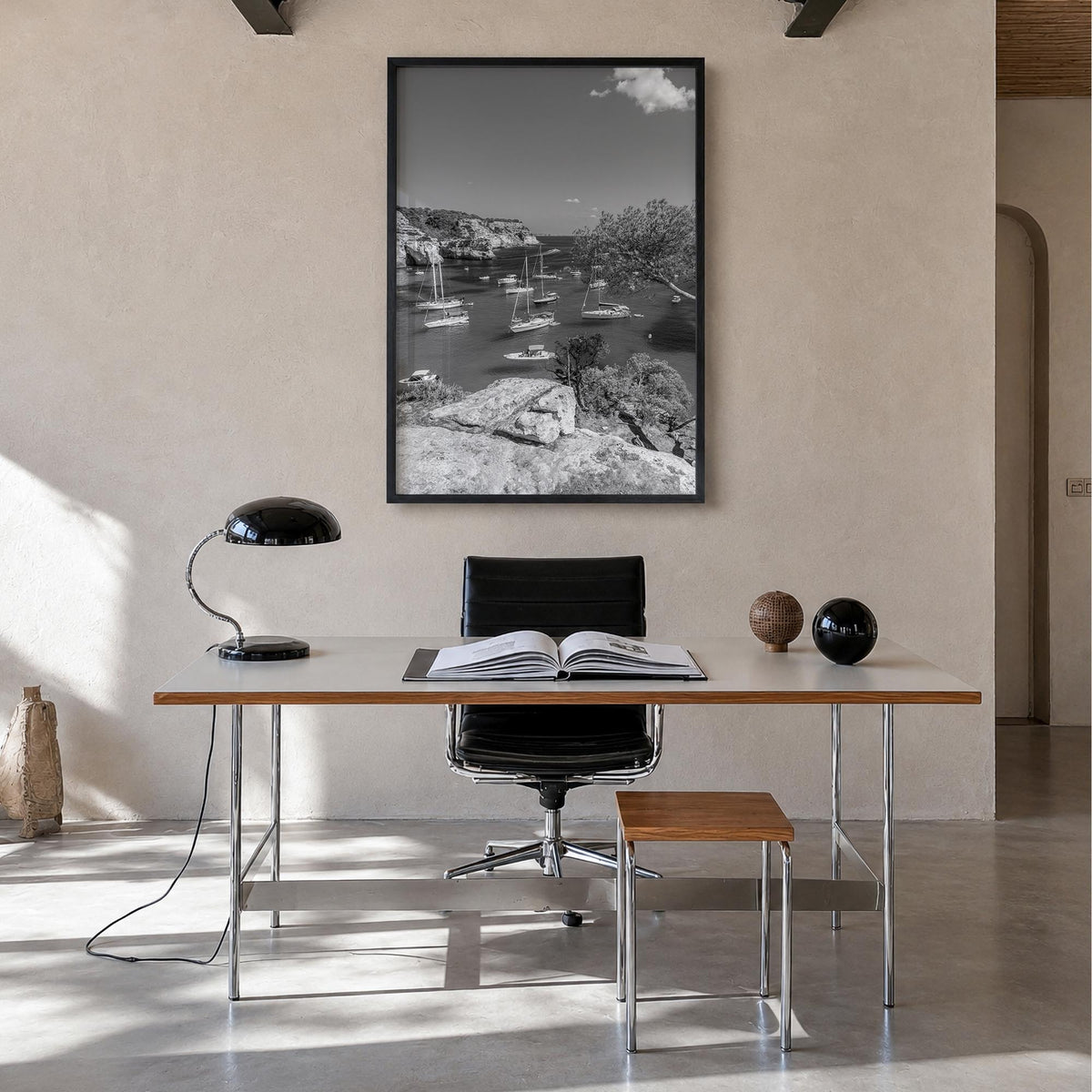 Menorca black & white photo poster of Spain – vertical wall art in black wood frame, hanging on wall