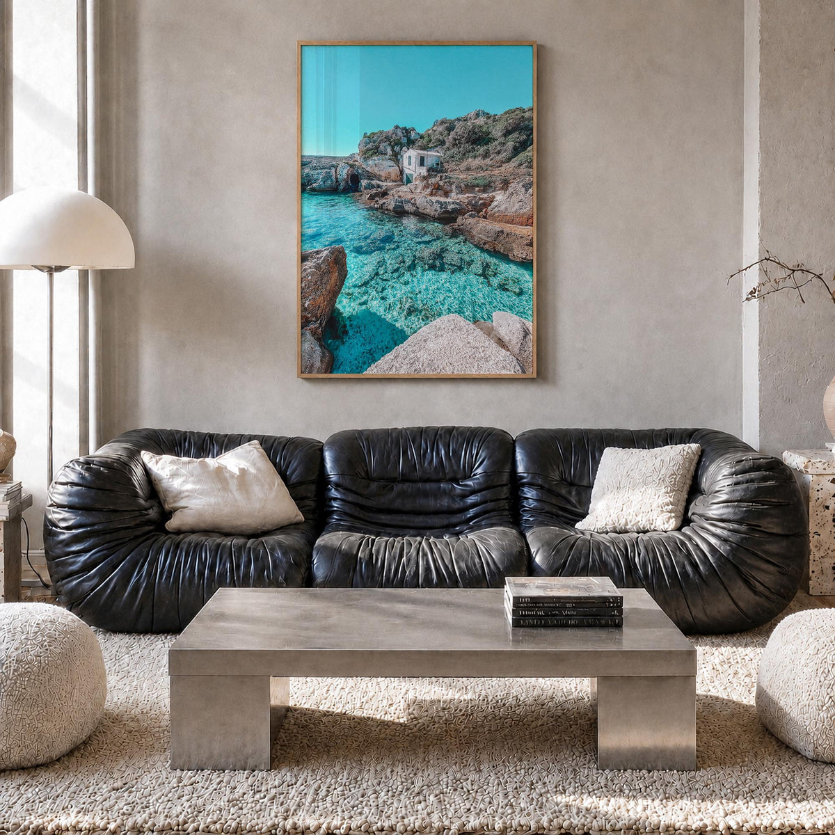 Menorca colorful photo poster of Spain – vertical wall art in natural wood frame, hanging on wall