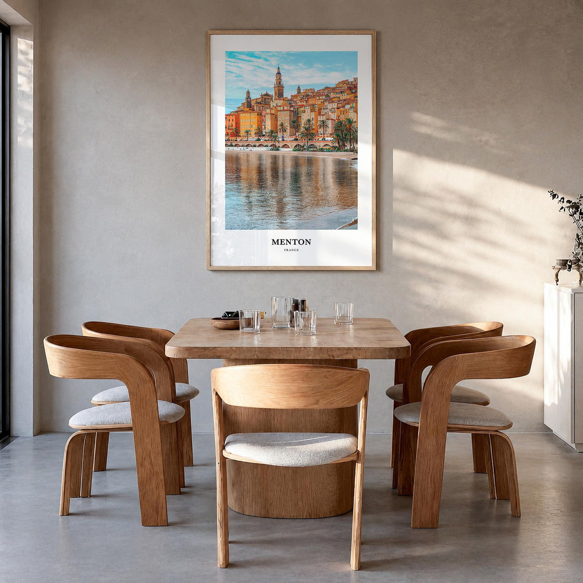 Menton colorful classic poster of France – vertical wall art in natural wood frame, hanging on wall