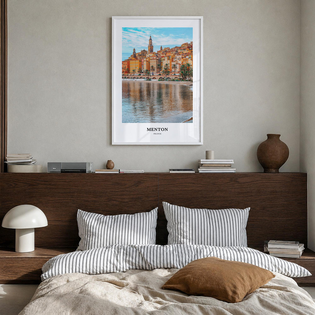 Menton colorful classic poster of France – vertical wall art in white wood frame, hanging on wall